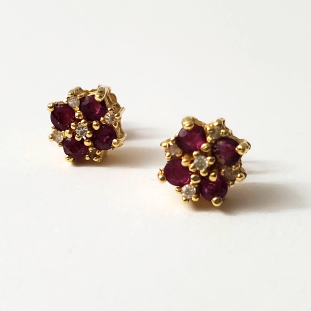 14K Gold Diamond Ruby Garnet Earrings